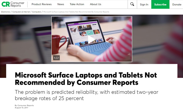 MS 서피스(Surface) 노트북과 태블릿, 컨슈머리포트 비추천 받아