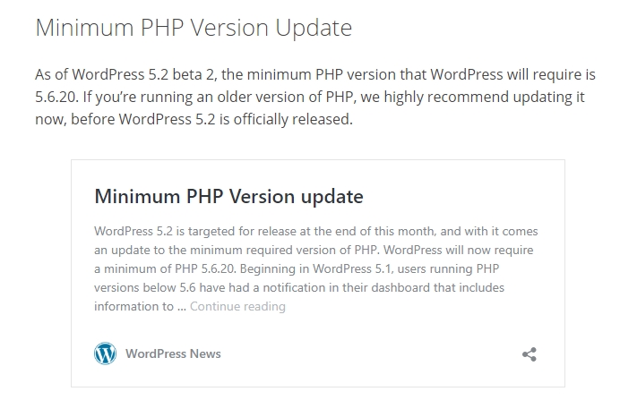 워드프레스 5.2 버전 최소 PHP 버전 5.6.20 이상 요구